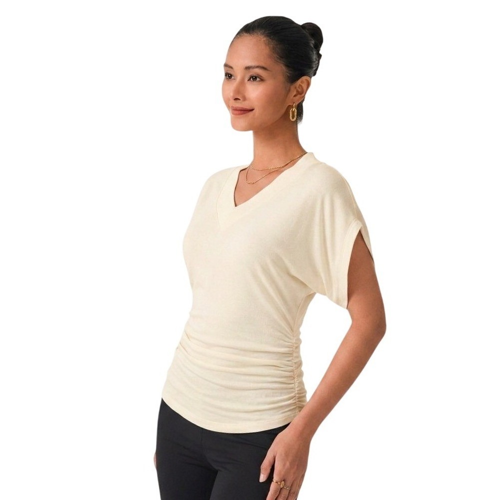 OGL Women Large Off-White Top Dolman Sleeve Ruched Cashmere Blend V-Neck